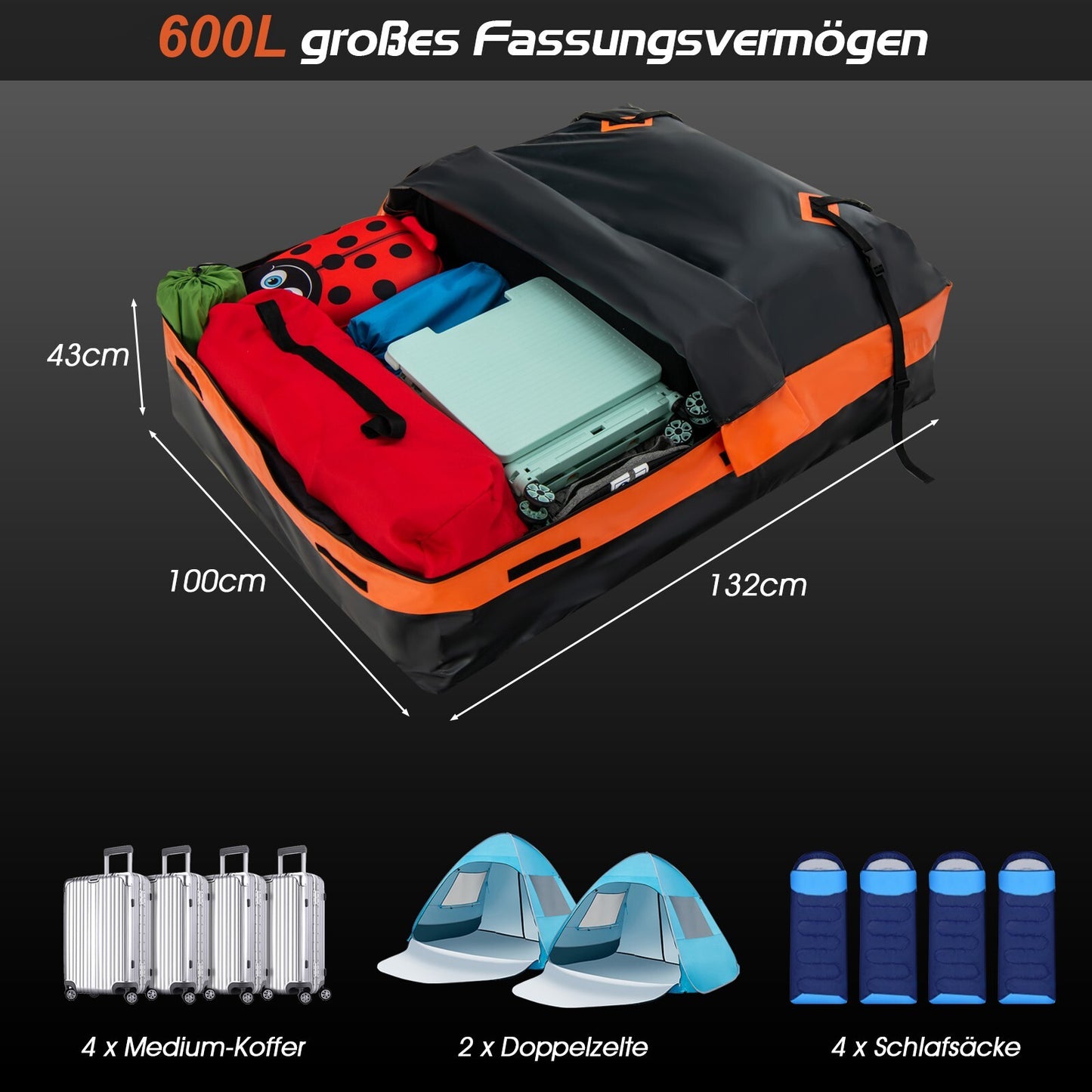600 L Dachbox Dachkoffer Faltbar Aufbewahrungsbox Dachtasche 132x100x43 cm
