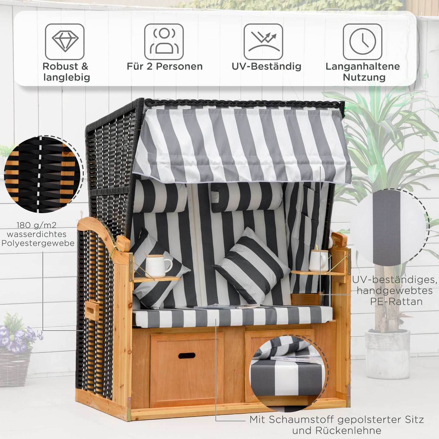 Strandkorb Fußstützen Klapptisch Nackenrollen Outdoormöbel Gartenmöbel