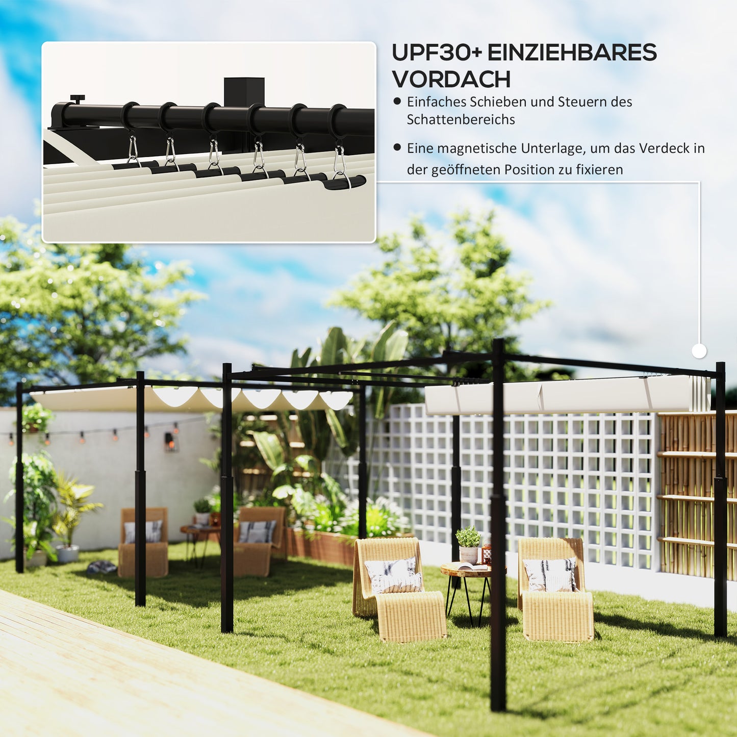 Garten-Pergola 3x3m ausziehbares Dach Magnetpad UPF30+ Pavillon Cremeweiß