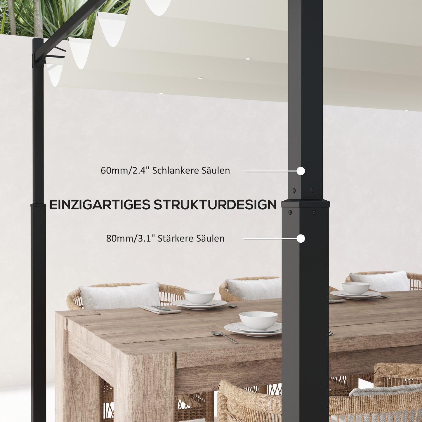 Garten-Pergola 3x3m ausziehbares Dach Magnetpad UPF30+ Pavillon Cremeweiß