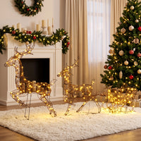 Rentier Schlitten Set beleuchtet Polyrattan LED Weihnachtsdeko Timer