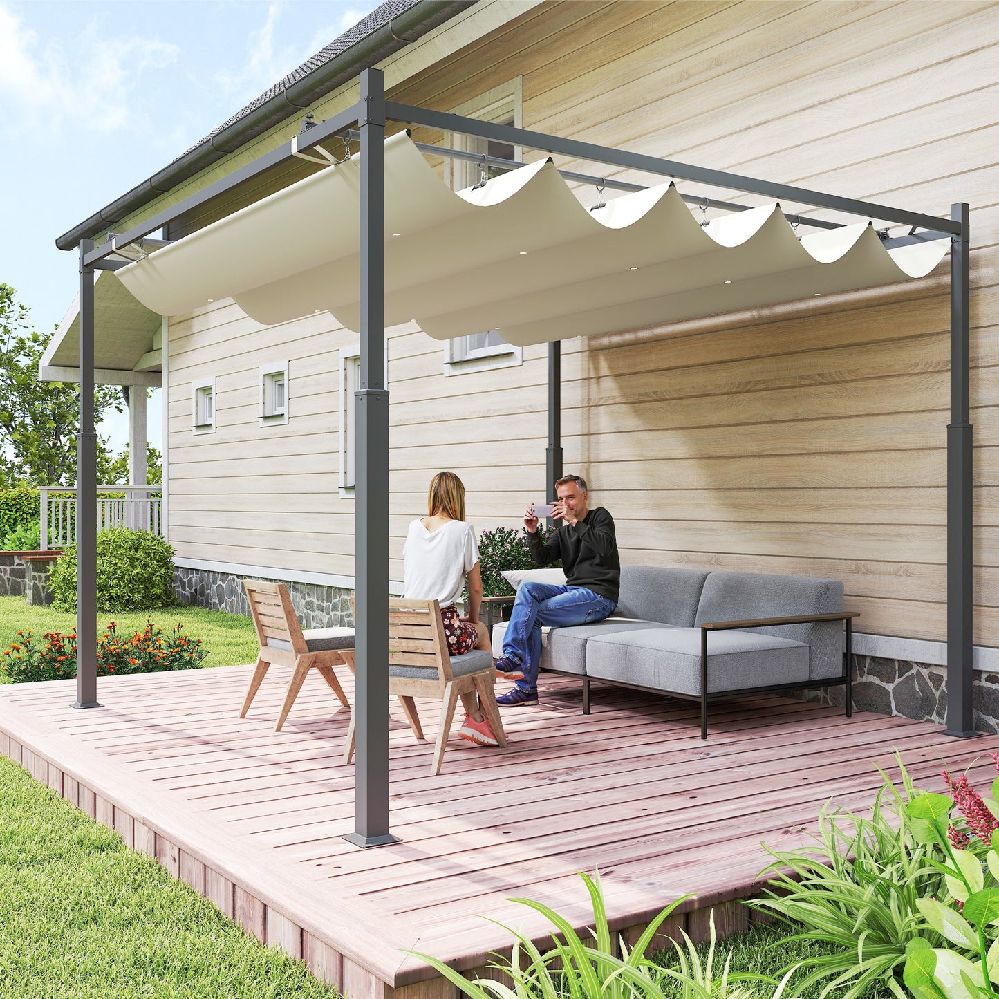 Garten-Pergola 3x3m ausziehbares Dach Magnetpad UPF30+ Pavillon Cremeweiß